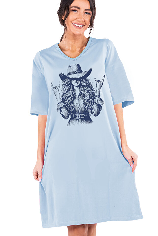 Girl in the Hat Light Blue V-Neck Half Sleeve Knee Length Comfortable Home Dress Nightgown