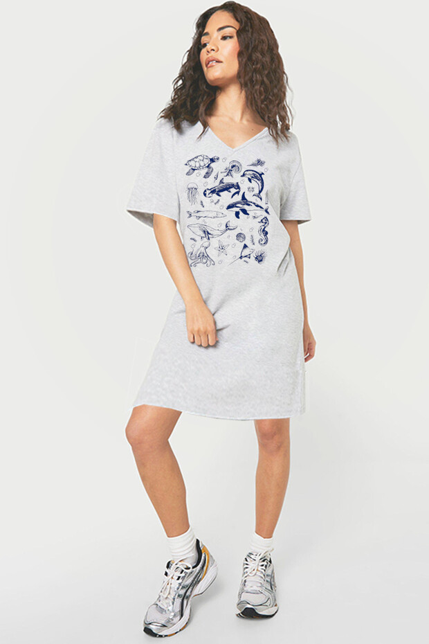 Life in the Sea Gray V-Neck Half Sleeve Knee Length Comfortable Home Dress Nightgown