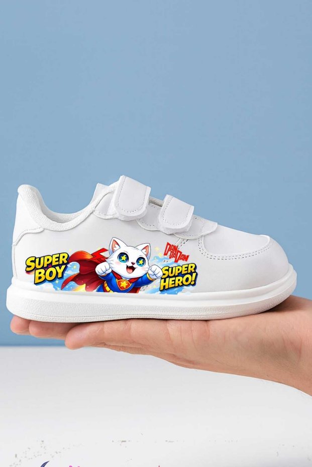 Animated Character Printed Girls' and Boys' Sports Shoes with Velcro Fasteners and White Sneaker Bands