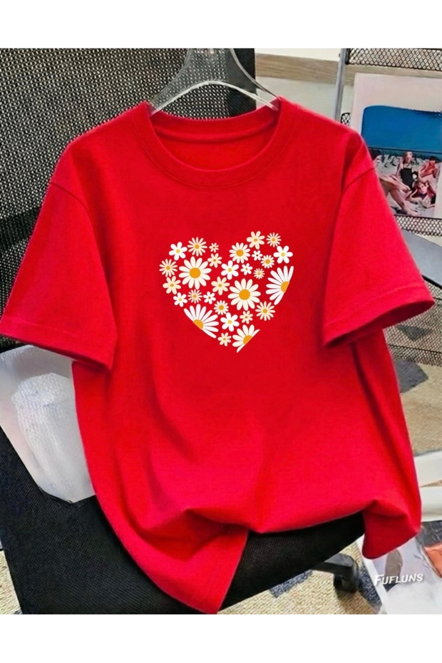 Daisy Heart Printed Unisex Women'S/Men's Oversize Crew Neck T-Shirt