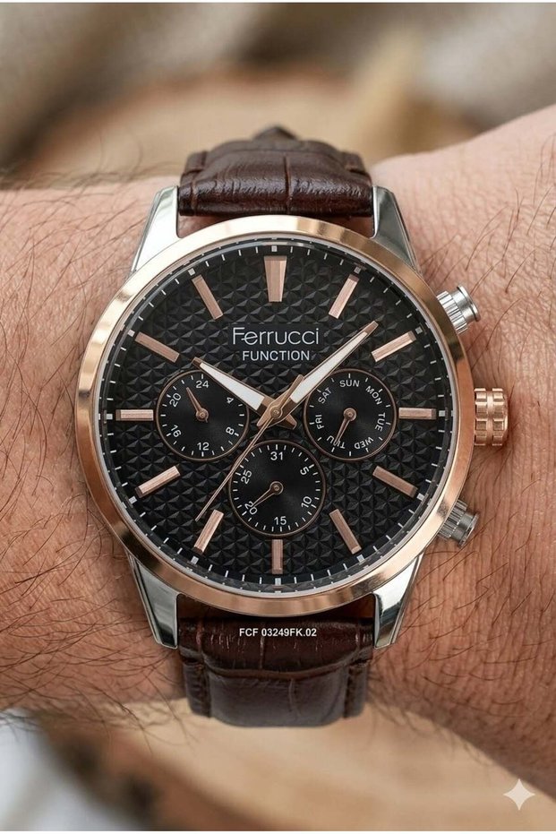 Classic Men's Wristwatch | 45mm Steel Case, Dark Brown Leather Strap, Black Dial