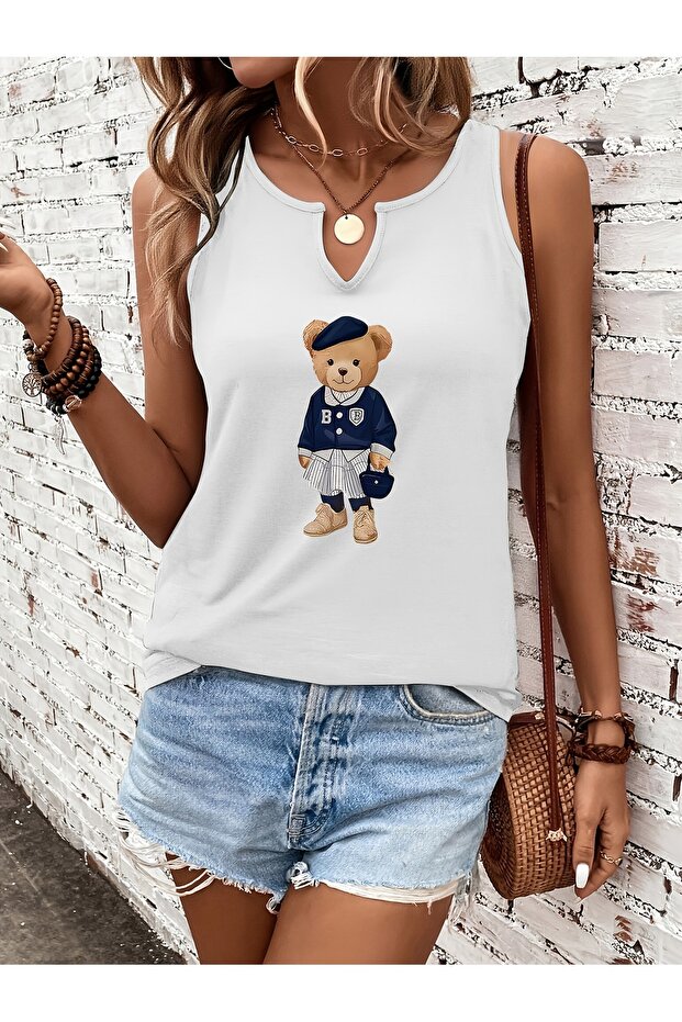 Women's Teddy Bear Printed Half V-Neck Sleeveless Regular Fit Comfortable T-Shirt