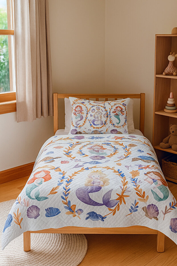 Mermaid Patterned Single Pique Bedspread Set Children's Room Piqué Bedspread