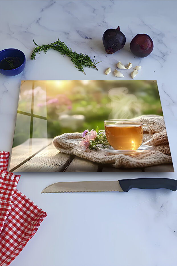 Tea Enjoyment Scenic Themed Tempered Glass Cutting Board 30X40 cm Size Uv Printing - Bckt011