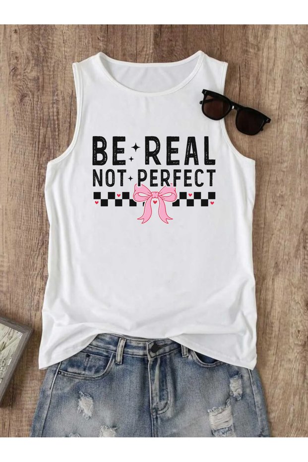Slogan Ribbon Printed Women's Crew Neck Cotton Sleeveless Summer Tank Top Tshirt
