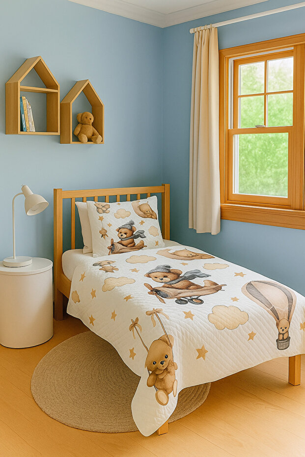 Teddy Bear Print Airplane Cloud Patterned Single Pique Bedspread Set Children's Room Piqué Bedspread