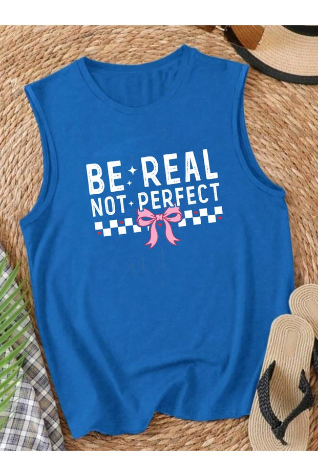 Slogan Ribbon Printed Women's Crew Neck Cotton Sleeveless Summer Tank Top Tshirt