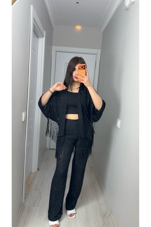 Black Patterned 2-Piece Women's Set – Stylish Kimono & Pants Combination