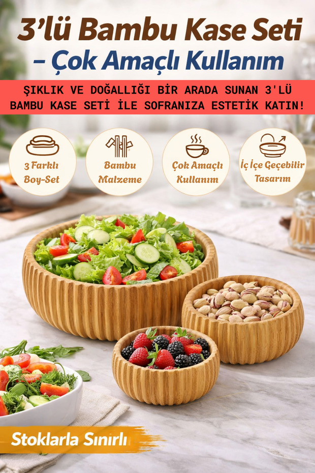 Bambu 3'lü kase seti çok amaçlı kullanım