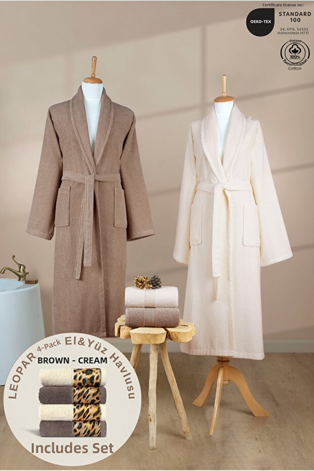 4 Piece Striped Bathrobe Set 100% Cotton Certified + Gift Leopard 4-Piece Coffee Cream Hand and Face Towels