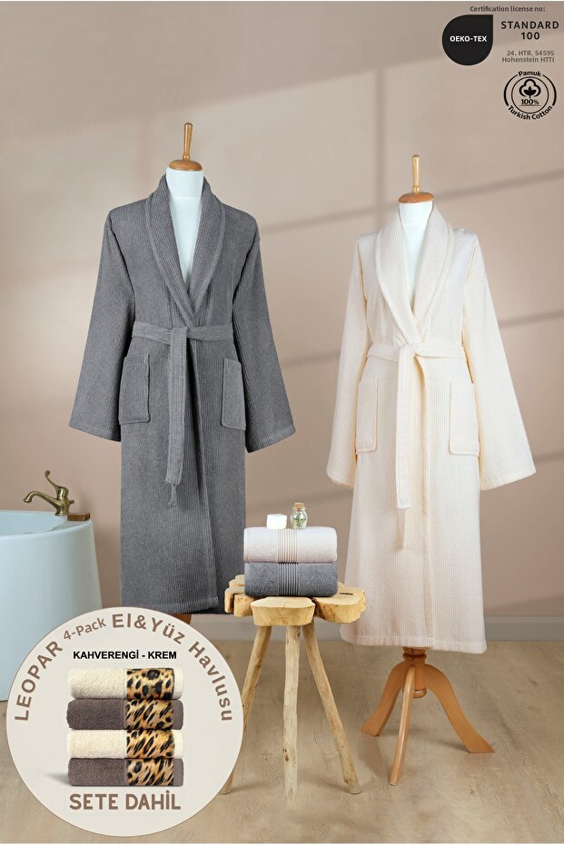 4 Piece Striped Bathrobe Set 100% Cotton Certified + Gift Leopard 4-Piece Coffee Cream Hand and Face Towels
