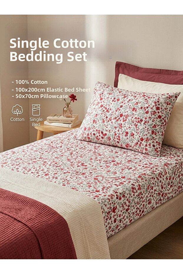 100% Cotton Single Fitted Sheet Set - 100X200 cm - Red Floral Print - Soft Texture