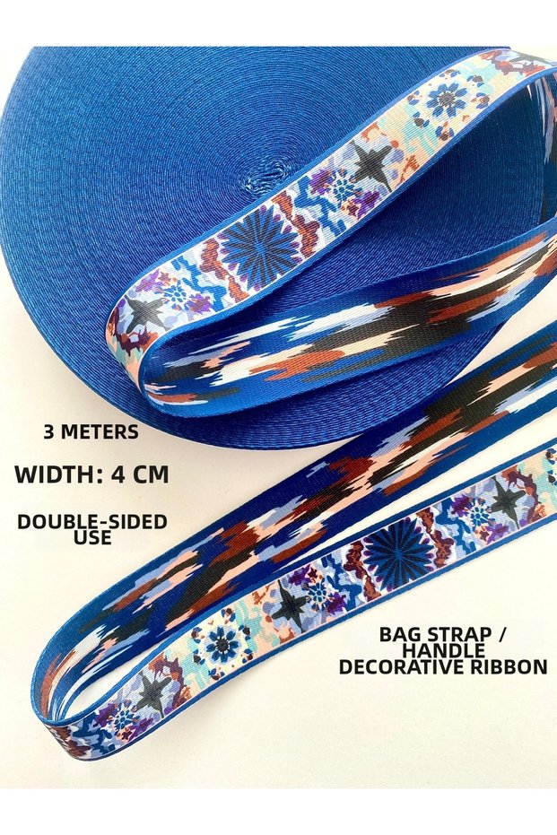 3 Meters Width 4 cm Navy Blue Patterned Reversible Bag Strap, Handle, Column, Cord, Colored Ribbon