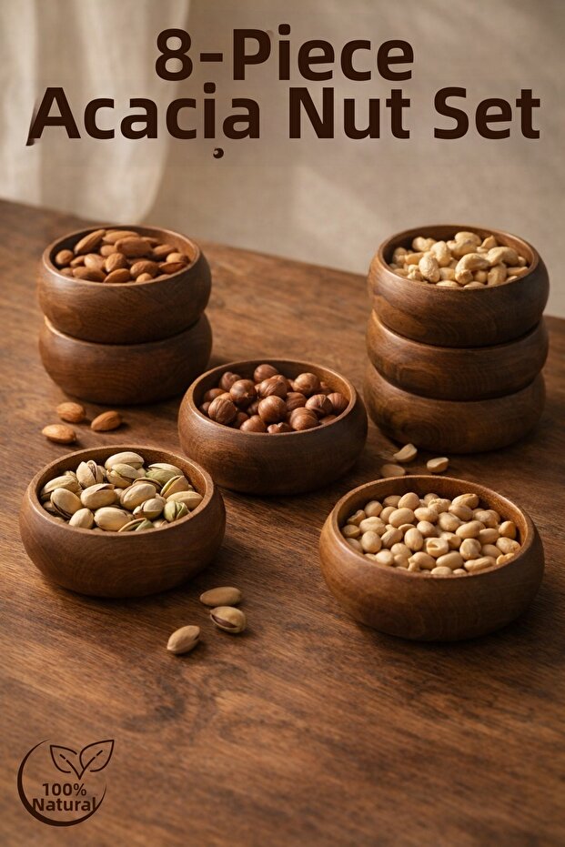 Akasya Model Wooden Snack Bowl Set of 8 – Breakfast & Snack Presentation Bowl – 9 cm
