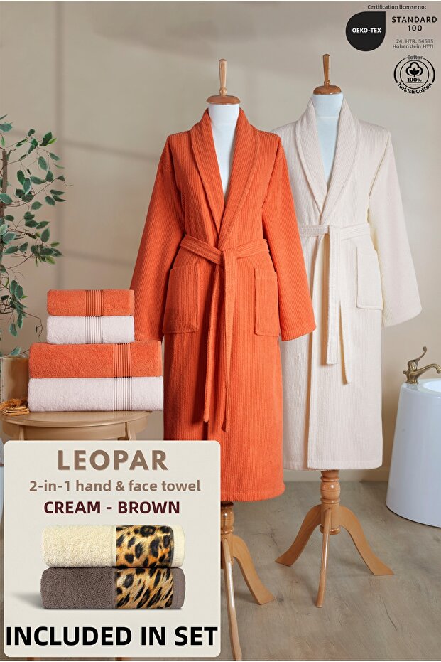 6 Piece Striped Bathrobe Set 100% Cotton Certified + Gift Leopard 2-Piece Coffee Cream Hand Towel Dowry
