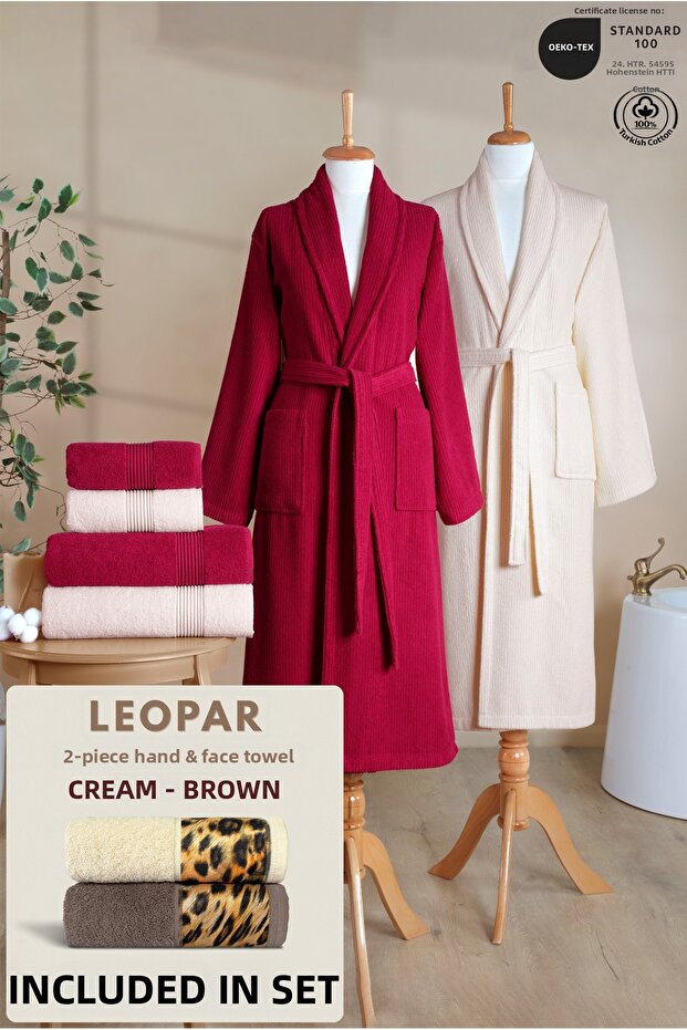 6 Piece Striped Bathrobe Set 100% Cotton Certified + Gift Leopard 2-Piece Coffee Cream Hand Towel Dowry