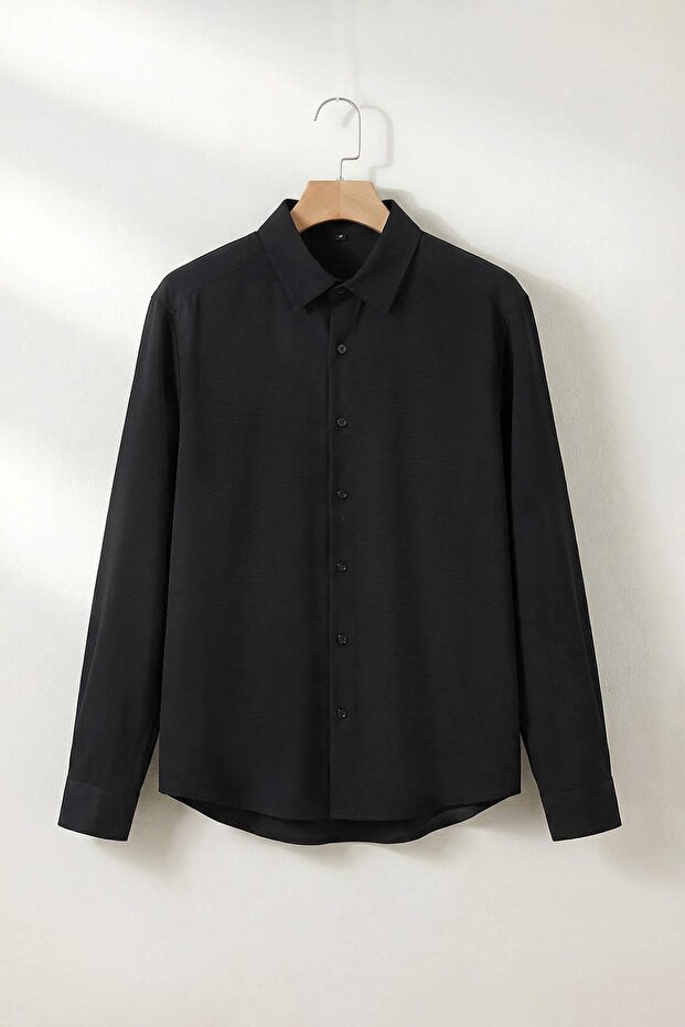 Siyah Normal Kalıp/Regular Fit Dokulu Yazlık Erkek Dokuma Gömlek TMNSS26GO00028 - 4