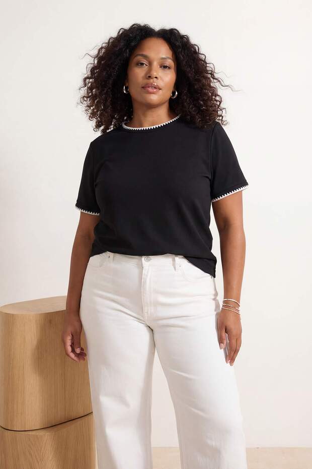 Siyah %100 Pamuk Kontrast Dikiş Detaylı Bisiklet Yaka Örme Büyük Beden T-Shirt TBBSS26BF00015 - 1