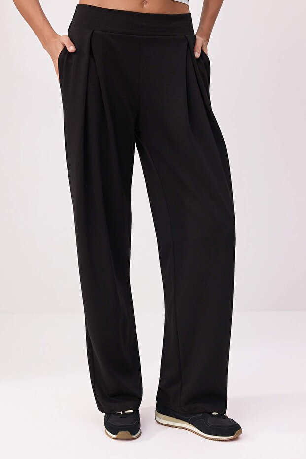 Siyah Wide Leg/Geniş Paça Büzgülü Normal Bel Soft Touch Örme Pantolon TWOSS26PL00139 - 1