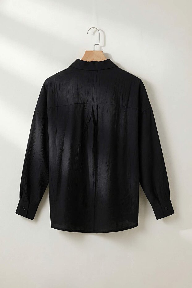 Siyah Oversize Rahat Kalıp Cepli Gömlek TDRSS26GO00037 - 6