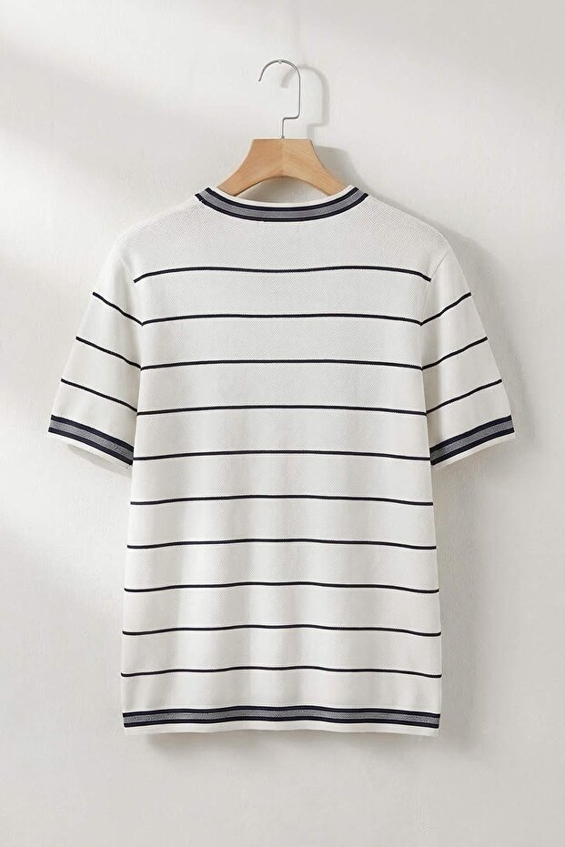Ekru Regular/Normal Kesim Çizgili Triko T-Shirt TMNSS26TS00021 - 6
