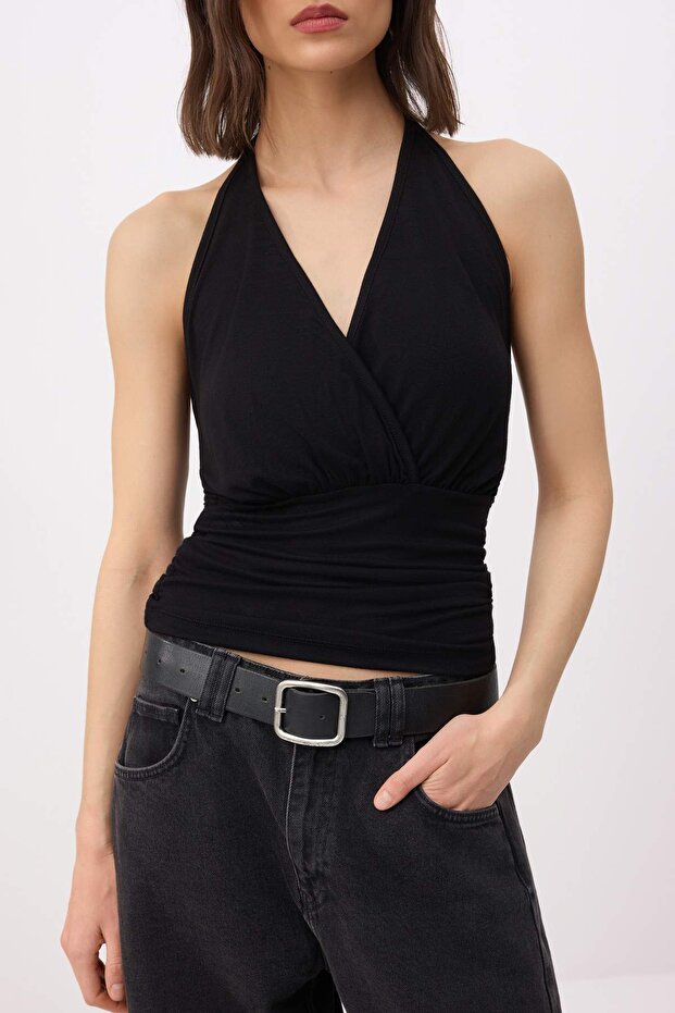 Siyah Fitted/Vücuda Oturan Boyundan Bağlamalı Kolsuz Yumuşak Örme Bluz TWOSS26BZ00624 - 3