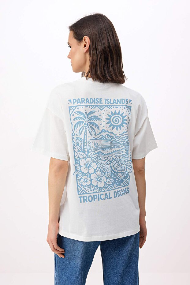 Ekru Baskılı Oversize/Geniş Kalıp Düşük Kol Kısa Kollu Tok %100 Pamuk Örme T-Shirt TWOSS26TS00160 - 4