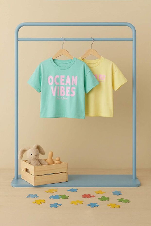 Sarı-Yeşil 2'li Kız Çocuk Baskılı Örme T-Shirt TKDSS26TS00053 - 8