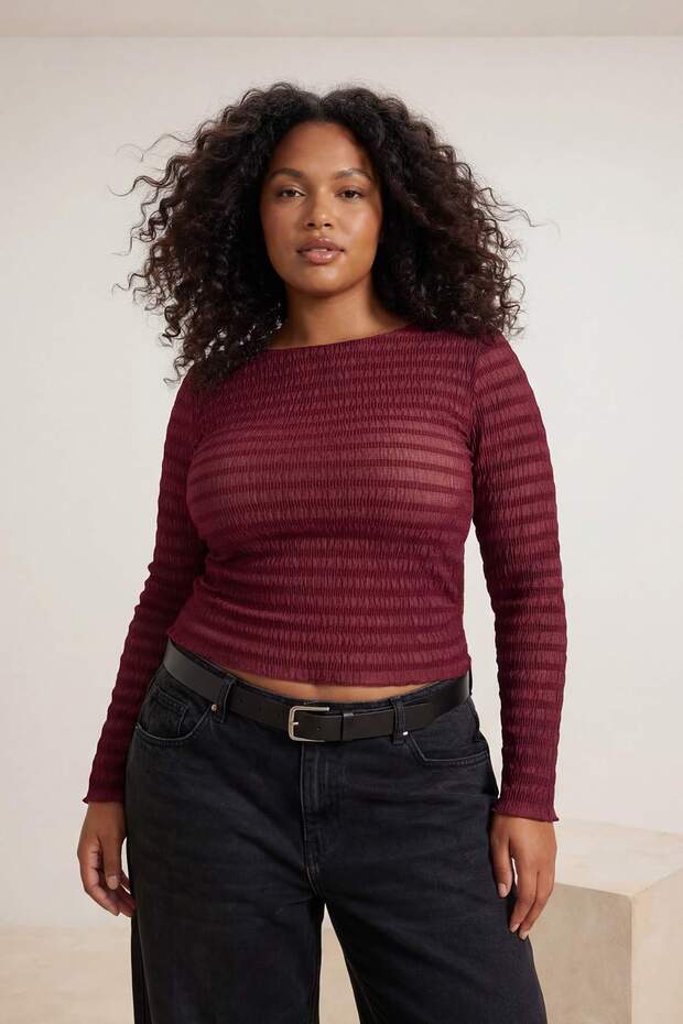 Bordo Fitted/Vücuda Oturan Dokulu Tül Esnek Örme Büyük Beden Bluz TBBAW26AF00030