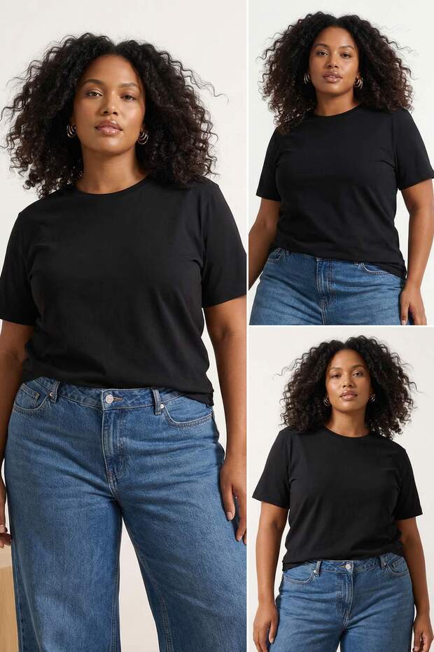 Siyah 3'lü Paket Büyük Beden T-shirt TBBSS25BF00071 - 1
