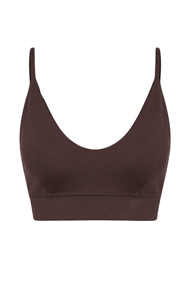 Koyu Kahverengi Destekli/Şekillendirici İp Askılı Örme Spor Sütyeni TWOSS22SS0045 - 5