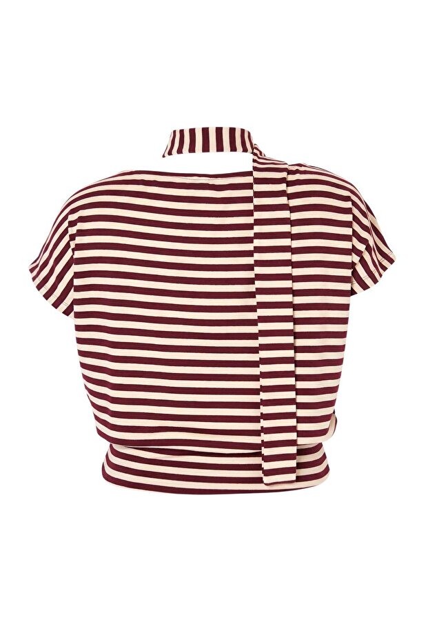 Bordo Çizgili Fularlı Asimetrik Yaka Viskon Ribana Büyük Beden Bluz TBBSS26AF00141 - 5