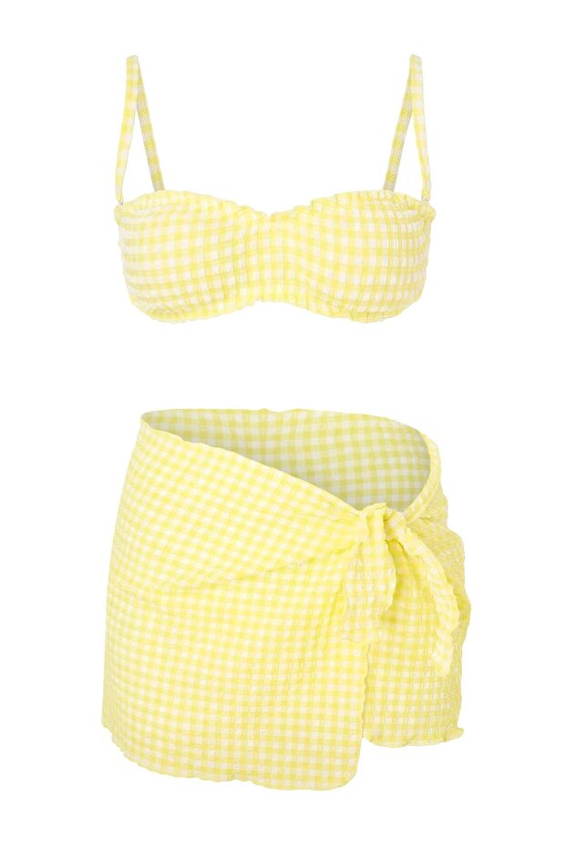 Sarı Pötikareli Straplez Kaplı Normal Bel Regular 3'lü Set Bikini Takımı TBESS26BT00060 - 5