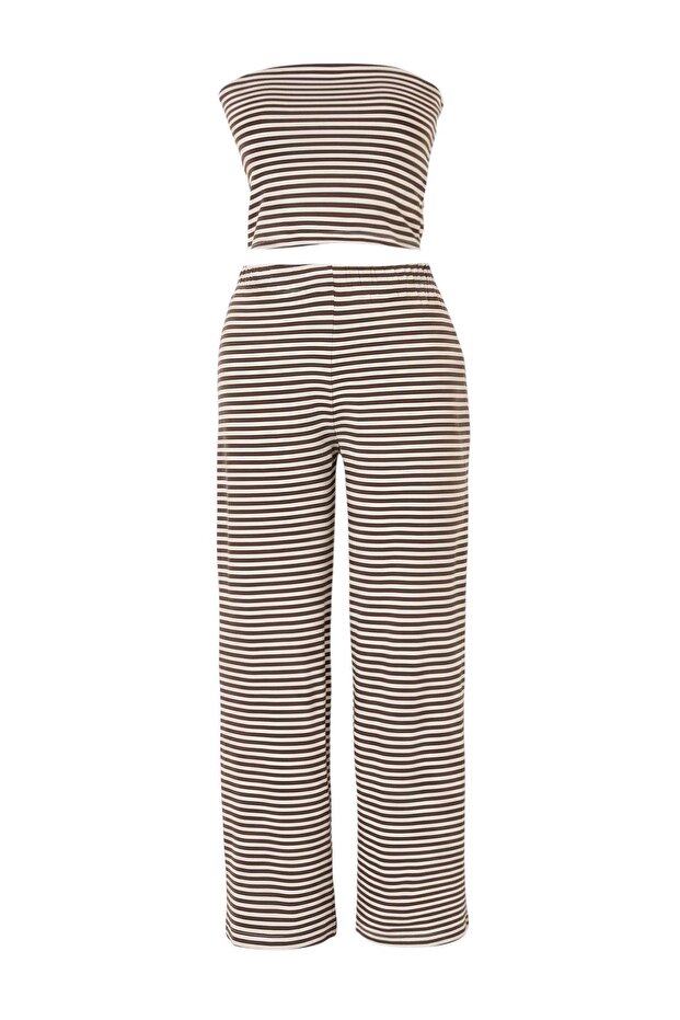 Kahverengi Çizgili Fitted/Vücuda Oturan Geniş Paça Yumuşak Örme Alt-Üst Takım TWOSS26AU00011 - 2