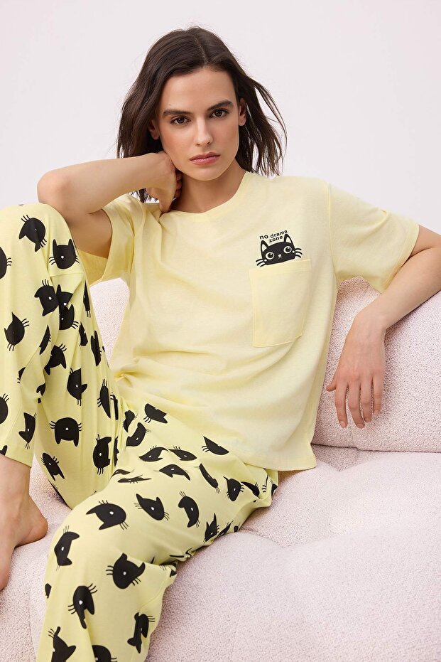 Sarı %100 Pamuklu Kedi Desenli Örme Pijama Takımı THMSS25PT00161 - 1