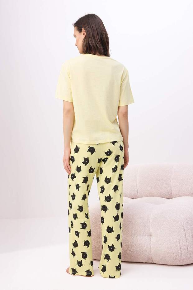 Sarı %100 Pamuklu Kedi Desenli Örme Pijama Takımı THMSS25PT00161 - 4