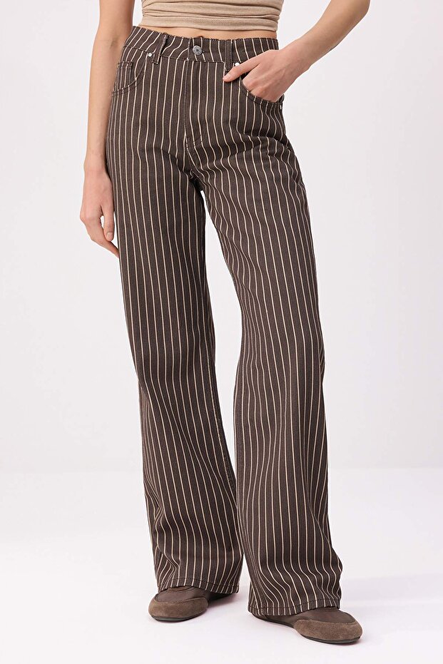 Kahverengi Çizgili Yüksek Bel %100 Pamuk Wide Leg Jeans TWOSS26JE00305 - 3