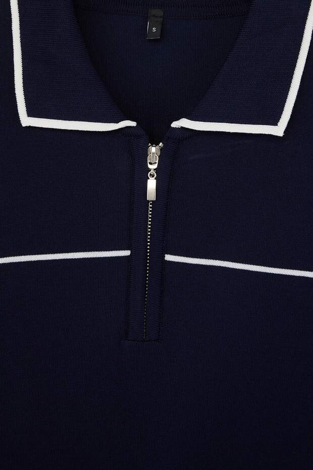 Lacivert Regular/Normal Kesim Biye Detaylı Fermuarlı Triko Polo Yaka T-Shirt TMNSS26TS00020 - 5
