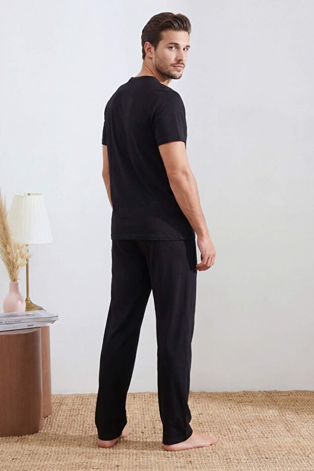 Siyah Regular Fit Baskılı Kısa Kol Örme Pijama Takımı TMNSS25PT00040 - 3