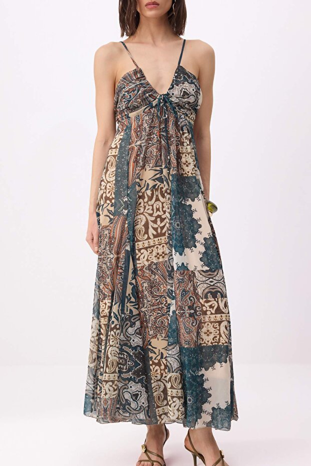 Çok Renkli Patchwork A-Kesim/Çan Form Maxi Dokuma Şifon Elbise TWOSS26EL00761 - 3