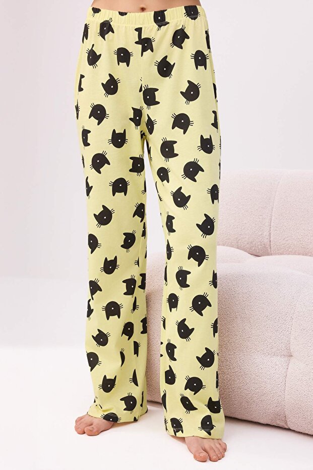 Sarı %100 Pamuklu Kedi Desenli Örme Pijama Takımı THMSS25PT00161 - 3