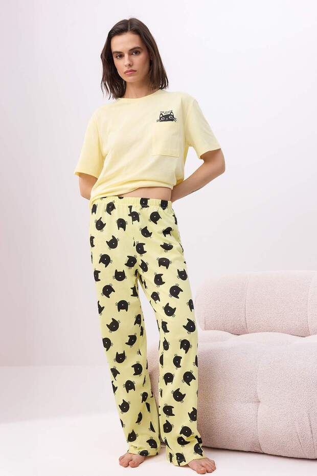 Sarı %100 Pamuklu Kedi Desenli Örme Pijama Takımı THMSS25PT00161 - 2