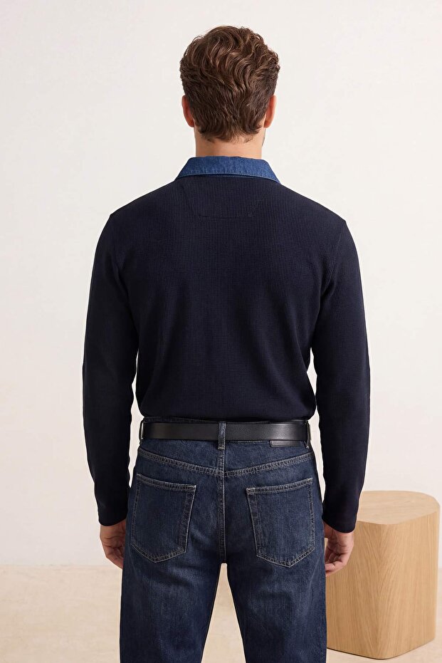 Lacivert Regular/Normal Kesim Dokulu Denim Yaka Detaylı Polo Yaka T-shirt TMNSS26PO00001 - 3