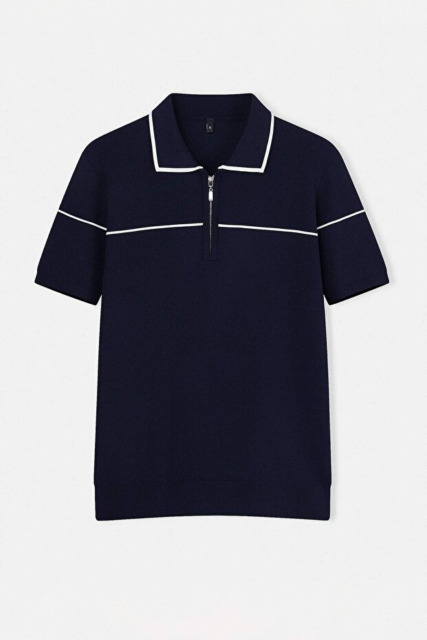 Lacivert Regular/Normal Kesim Biye Detaylı Fermuarlı Triko Polo Yaka T-Shirt TMNSS26TS00020 - 4