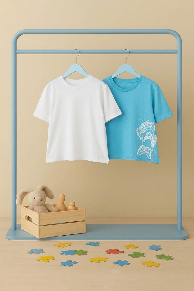 Beyaz-Mavi 2'li Erkek Çocuk Baskılı Örme T-Shirt TKDSS26TS00040 - 8