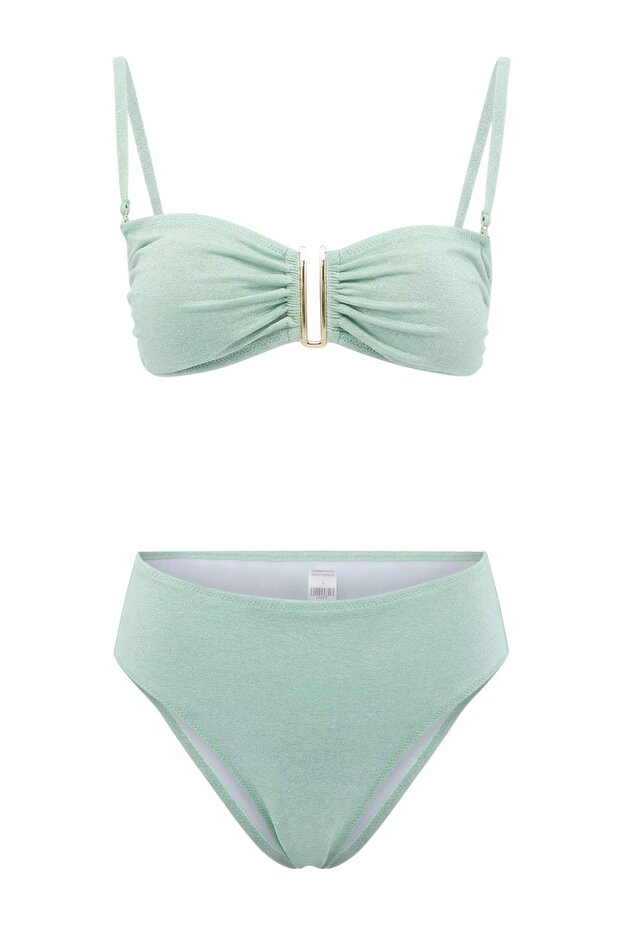 Mint Simli Aksesuarlı Straplez Kaplı Regular Yüksek Bel Bikini Takımı TBESS24BT00054 - 4