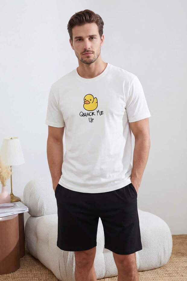 Ekru Regular Kesim Ördek Baskılı Pamuklu Pijama Takımı TMNSS26PT00027 - 1
