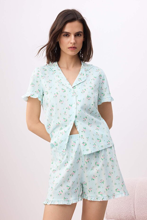 Mavi Çiçekli Fırfırlı Örme Pijama Takımı THMSS26PT00148 - 2