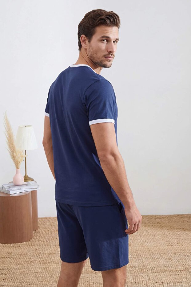 Indigo Regular Fit Yaka Ve Kol Kontrast Detaylı Pamuklu Pijama Takımı TMNSS26PT00016 - 3