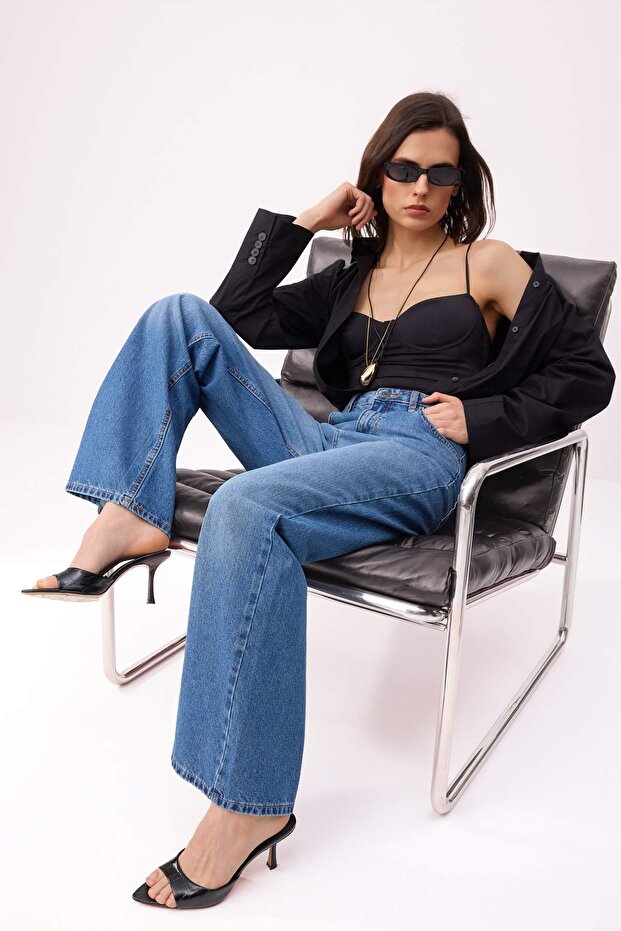 Koyu Mavi Yüksek Bel %100 Pamuk Wide Leg Jeans TWOSS26JE00204 - 1